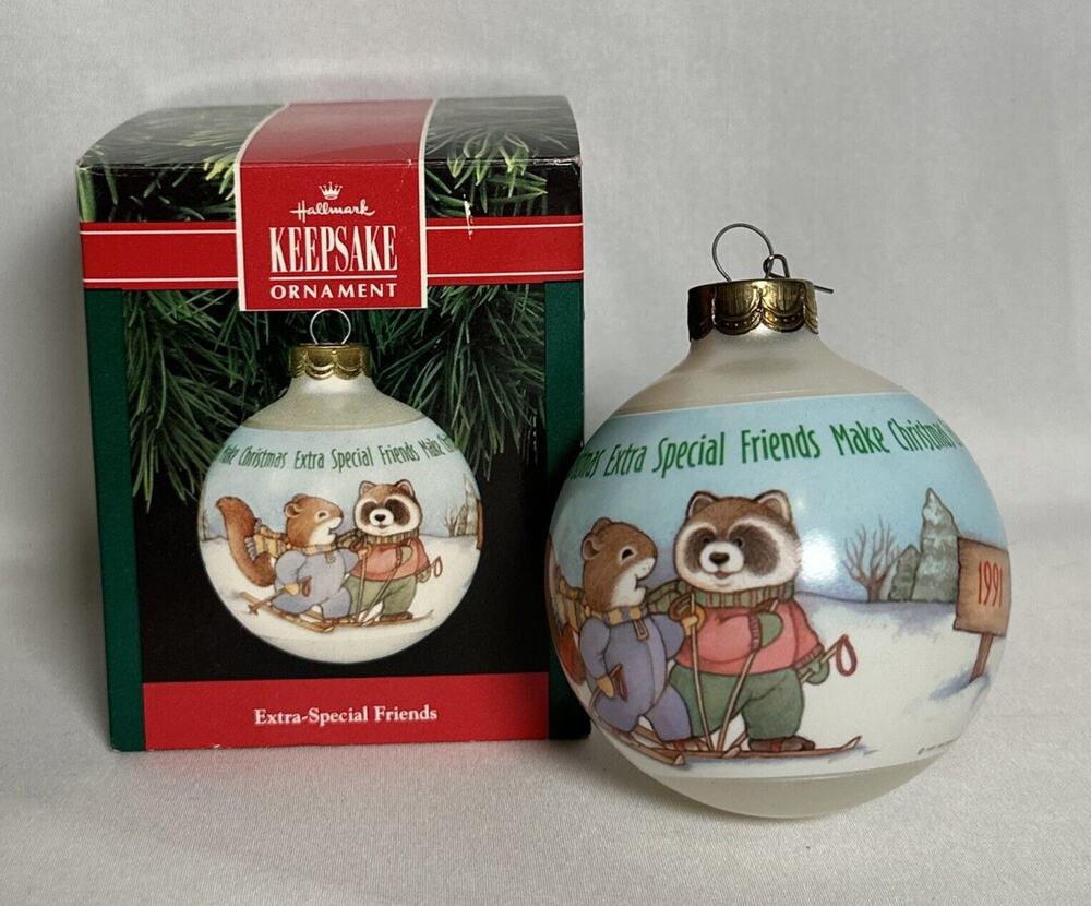 Hallmark Ornament Extra-Special Friends Glass Ball 1991 Rabbit Raccoon Squirrel